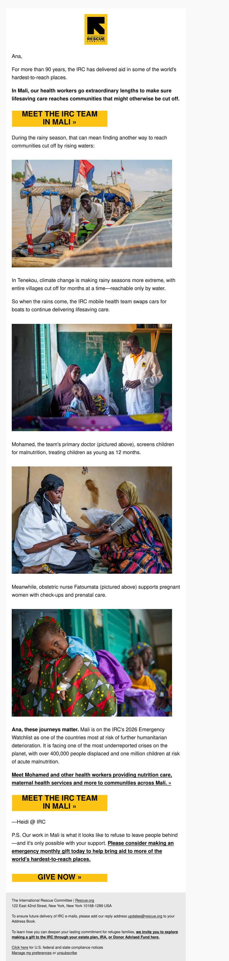 IRC email showing mobile health workers reaching communities in Mali