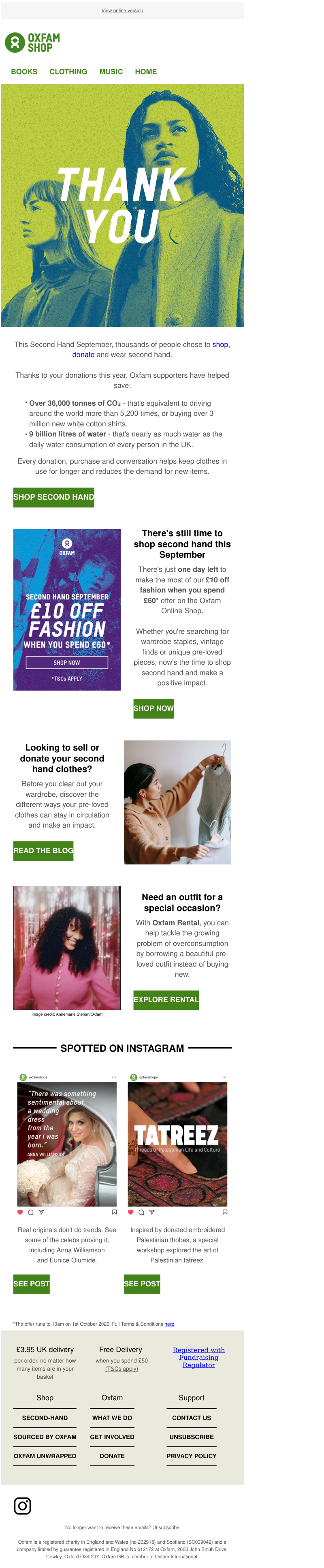 Oxfam Online Shop email thanking supporters for Second Hand September