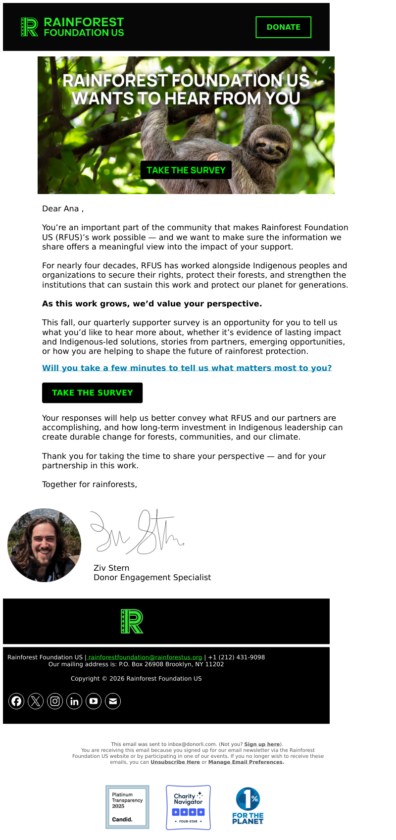 Rainforest Foundation US email: Help shape what you hear from us, Ana