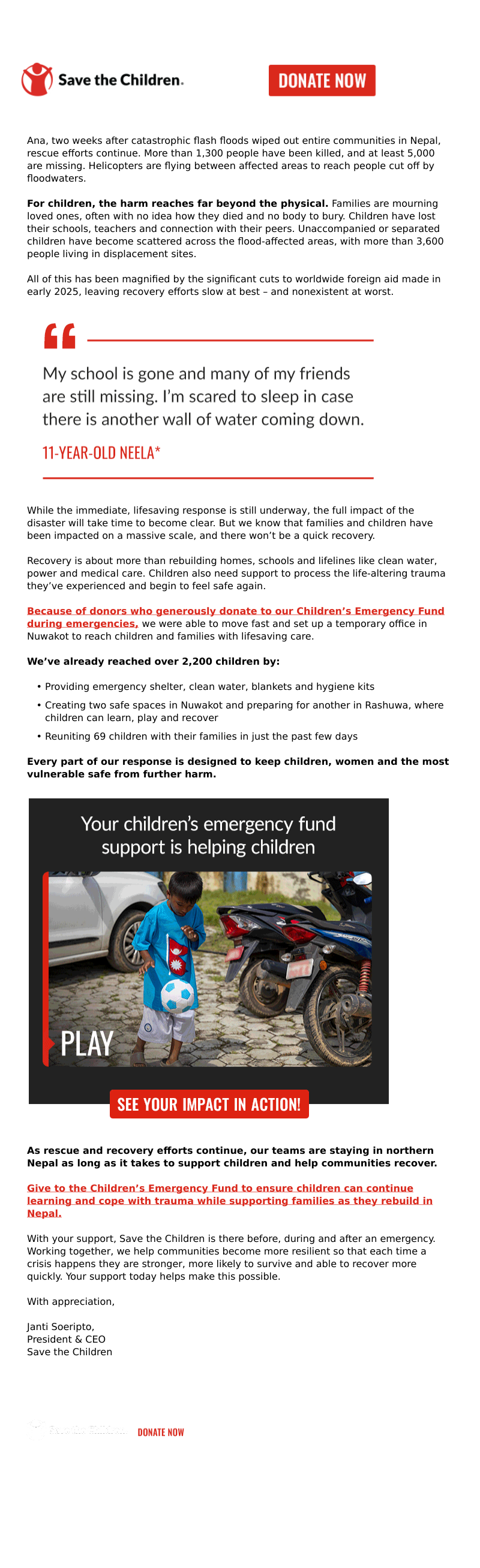 Save the Children email about recovery for children after floods in Nepal